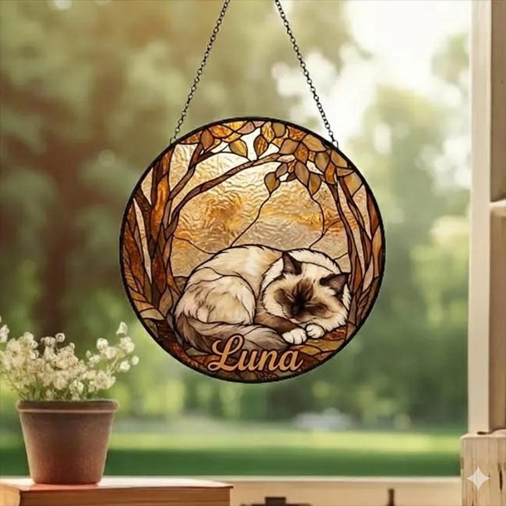 Custom Ragdoll Cat Sleeping Stained Glass Suncatcher: Cat Lover Gift