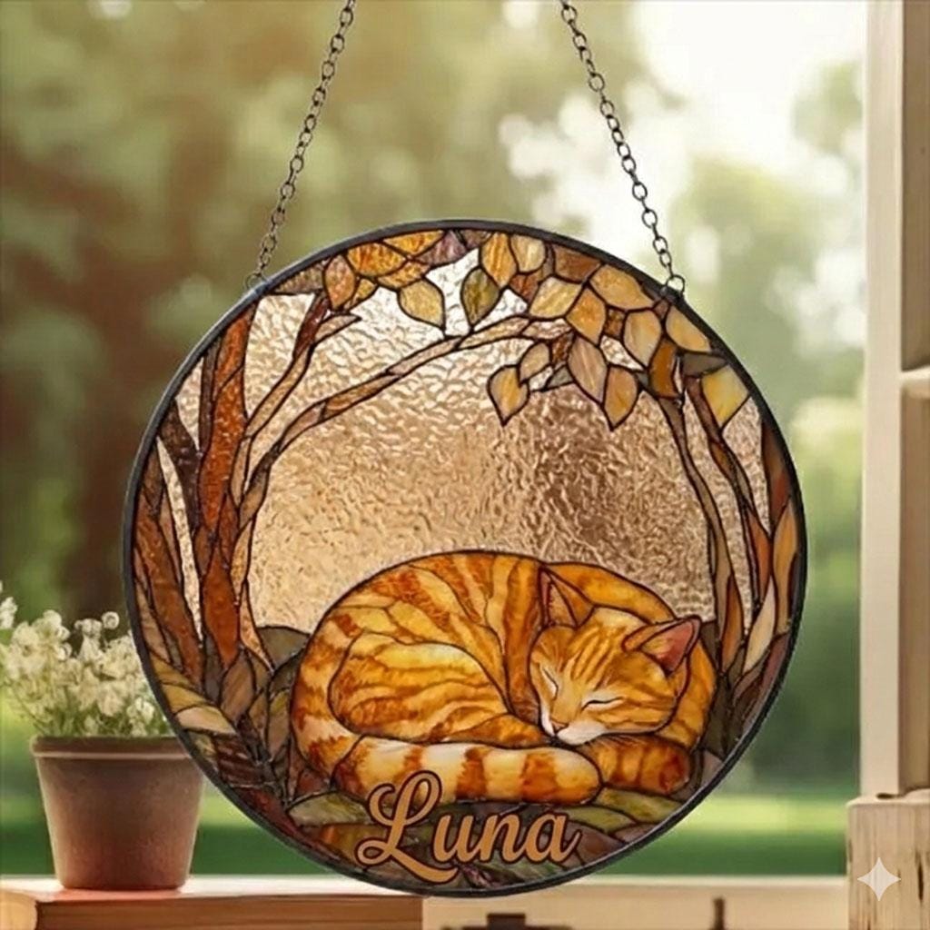 Custom Orange Cat Sleeping Stained Glass Suncatcher: Cat Lover Gift