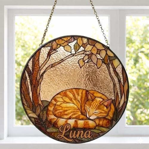 Custom Orange Cat Sleeping Stained Glass Suncatcher: Cat Lover Gift - image 2