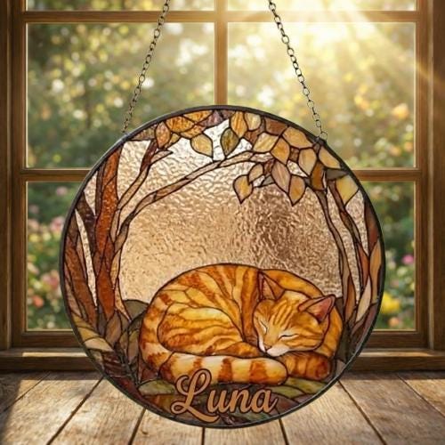 Custom Orange Cat Sleeping Stained Glass Suncatcher: Cat Lover Gift - image 3