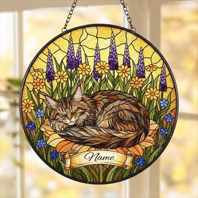 Maine Coon cat Stained Glass Suncatcher, Sleeping Cat Window Decor, Cat Lover Gift, Floral Glass Art Panel, Handmade Pet Memorial Gift