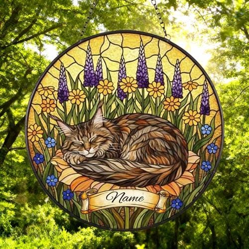 Maine Coon cat Stained Glass Suncatcher, Sleeping Cat Window Decor, Cat Lover Gift, Floral Glass Art Panel, Handmade Pet Memorial Gift - image 5