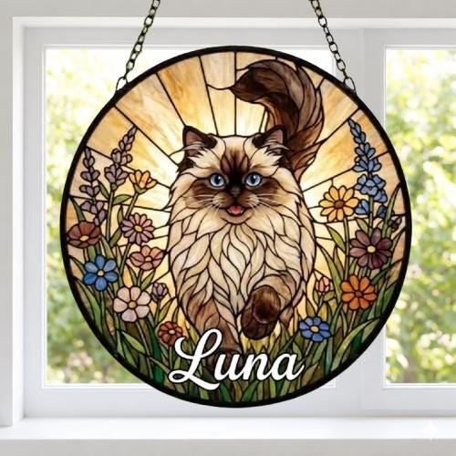 Custom Himalayan cat   Wildflowers Glass Suncatcher: Cat Mom Window Decor - image 6