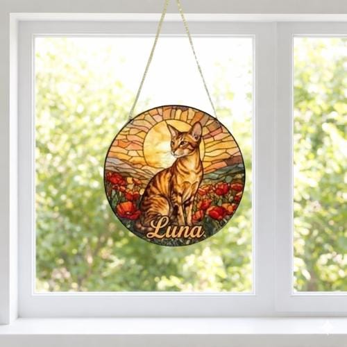 Custom Cat Stained Glass Suncatcher, Mothers Day Gift For Mom, Poppies Flower Suncatcher, Oriental Shorthair Hanging Window, Cat Lover Gift - image 5