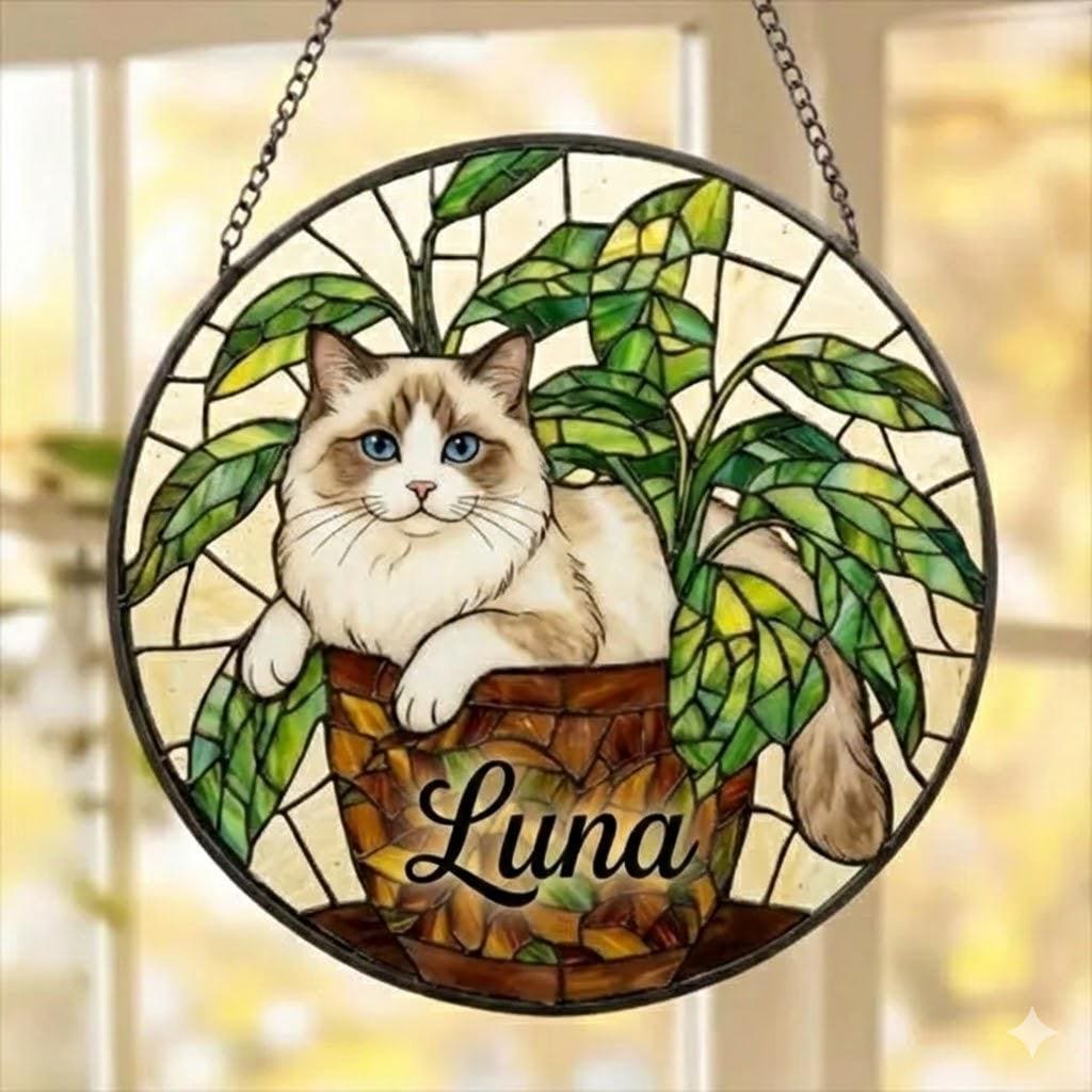 Custom Ragdoll  Cat Stained Glass Window Hanging for Plant Lovers, Cozy Sunlit Home and Garden Decor, gift for cat lover