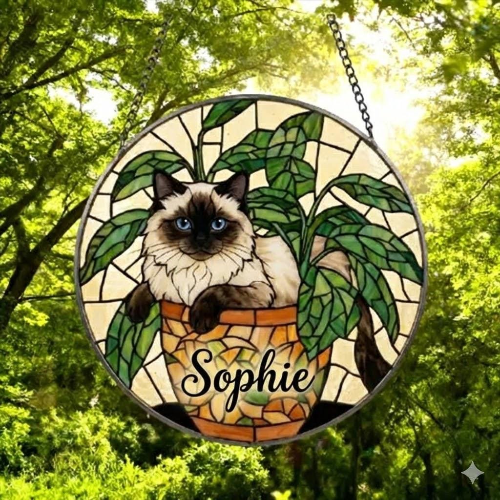 Custom Himalayan cat Stained Glass Window Hanging for Plant Lovers, Cozy Sunlit Home and Garden Decor, gift for cat lover