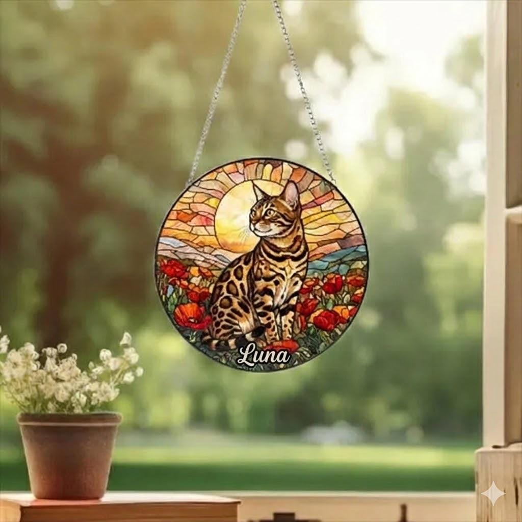 Custom Cat Stained Glass Suncatcher, Mothers Day Gift For Mom, Poppies Flower Suncatcher, Bengal Hanging Window, Cat Lover Gift