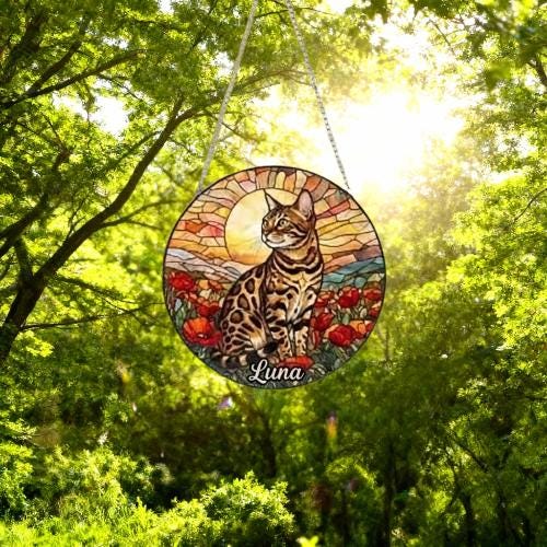 Custom Cat Stained Glass Suncatcher, Mothers Day Gift For Mom, Poppies Flower Suncatcher, Bengal Hanging Window, Cat Lover Gift - image 5