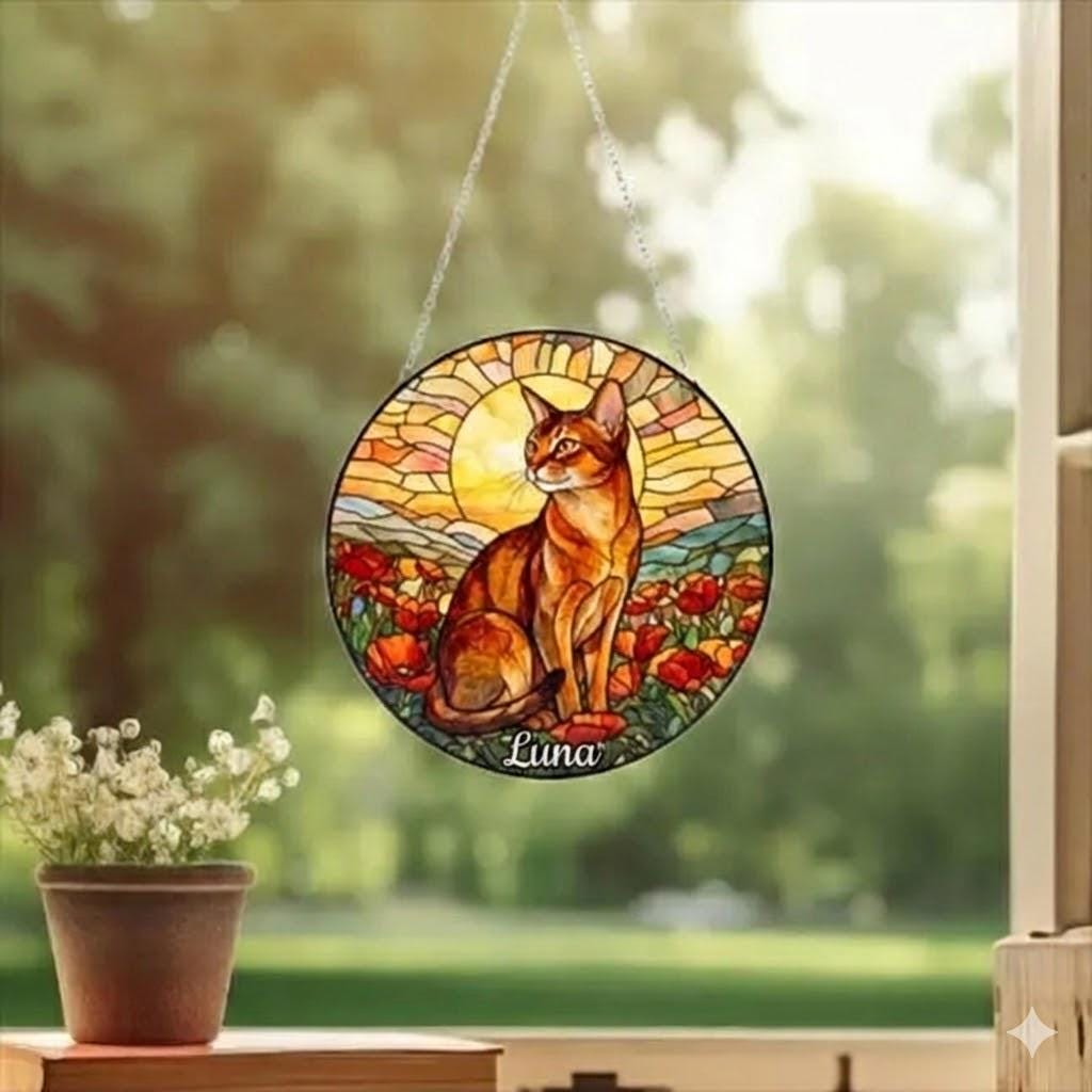 Custom Cat Stained Glass Suncatcher, Mothers Day Gift For Mom, Poppies Flower Suncatcher, Abyssinian  Hanging Window, Cat Lover Gift