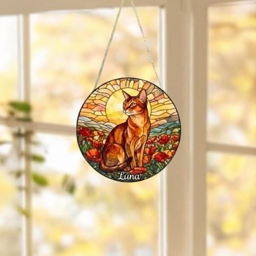 Custom Cat Stained Glass Suncatcher, Mothers Day Gift For Mom, Poppies Flower Suncatcher, Abyssinian  Hanging Window, Cat Lover Gift - image 5
