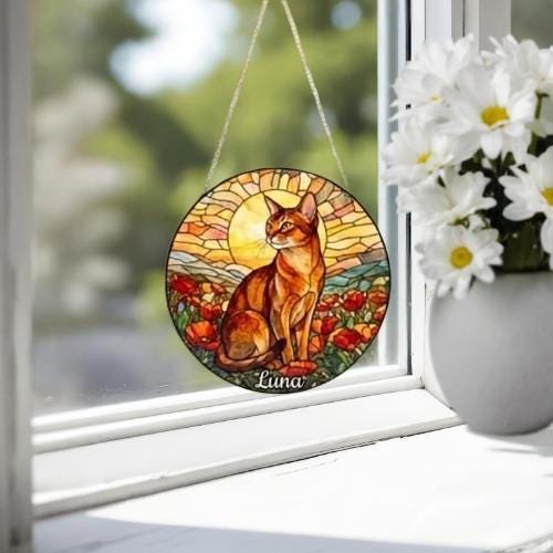 Custom Cat Stained Glass Suncatcher, Mothers Day Gift For Mom, Poppies Flower Suncatcher, Abyssinian  Hanging Window, Cat Lover Gift - image 4