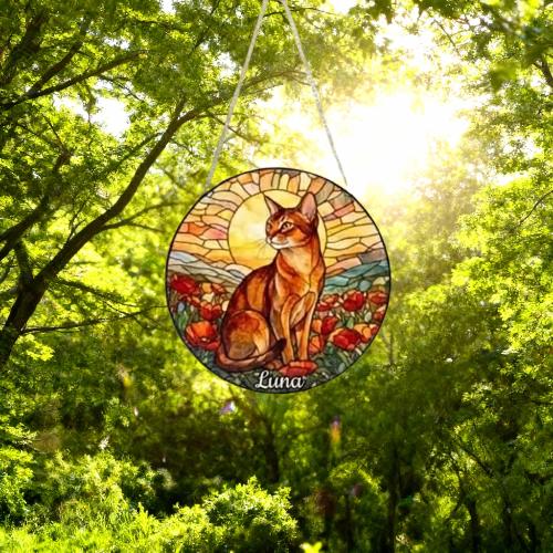 Custom Cat Stained Glass Suncatcher, Mothers Day Gift For Mom, Poppies Flower Suncatcher, Abyssinian  Hanging Window, Cat Lover Gift - image 6