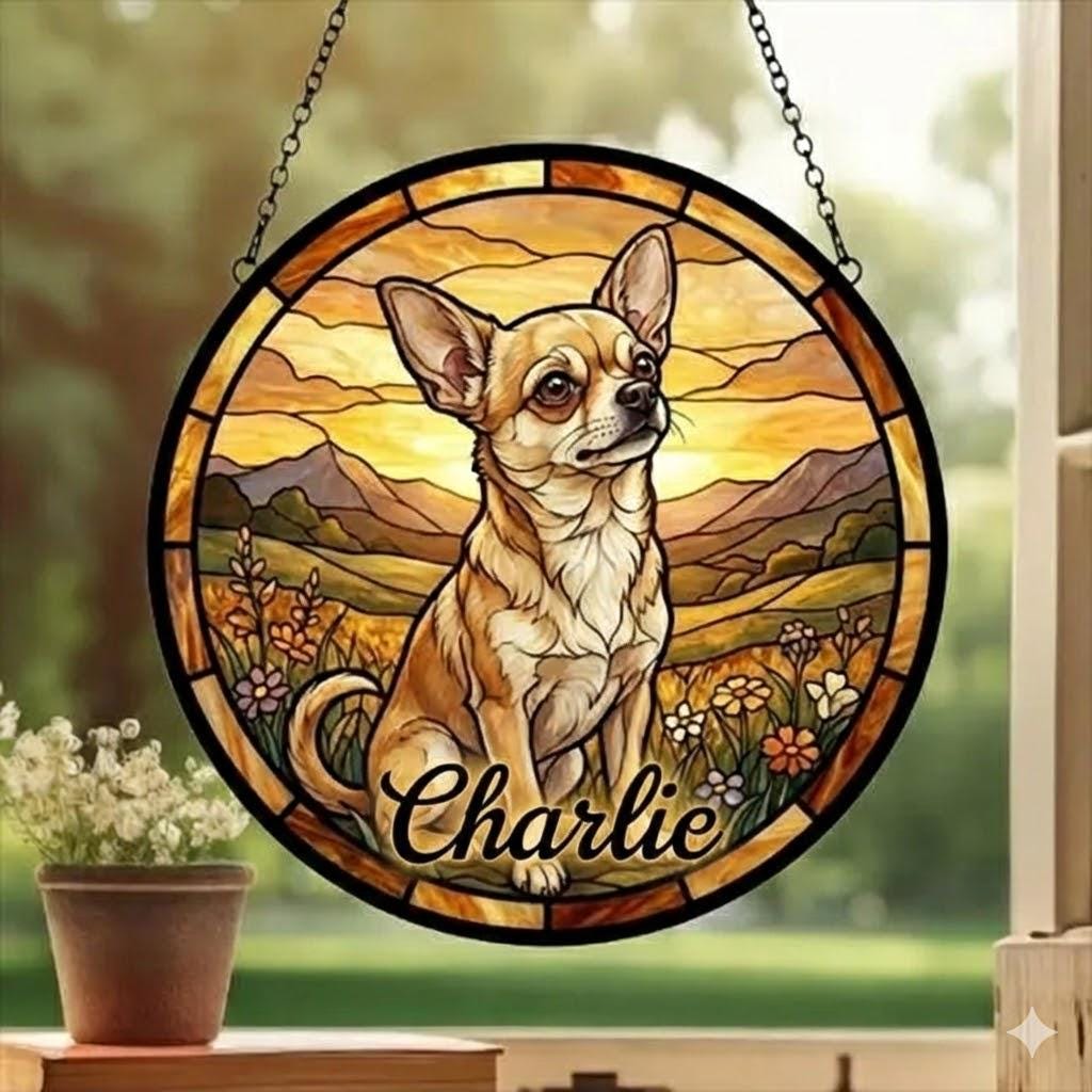 Custom Chihuahua  dog Stained Glass Suncatcher,  Pet Lover Gift, Housewarming Gift, Window Hangings