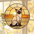 Custom Handmade Stained Glass Cat Suncatcher, Sunset Siamese Cat Window Hanging, Round Cat Glass Window Decor, Gift for Cat Lovers