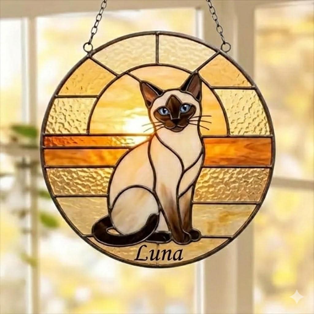 Custom Handmade Stained Glass Cat Suncatcher, Sunset Siamese Cat Window Hanging, Round Cat Glass Window Decor, Gift for Cat Lovers