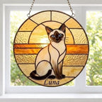 Custom Handmade Stained Glass Cat Suncatcher, Sunset Siamese Cat Window Hanging, Round Cat Glass Window Decor, Gift for Cat Lovers - image 2