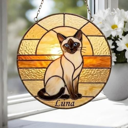 Custom Handmade Stained Glass Cat Suncatcher, Sunset Siamese Cat Window Hanging, Round Cat Glass Window Decor, Gift for Cat Lovers - image 4