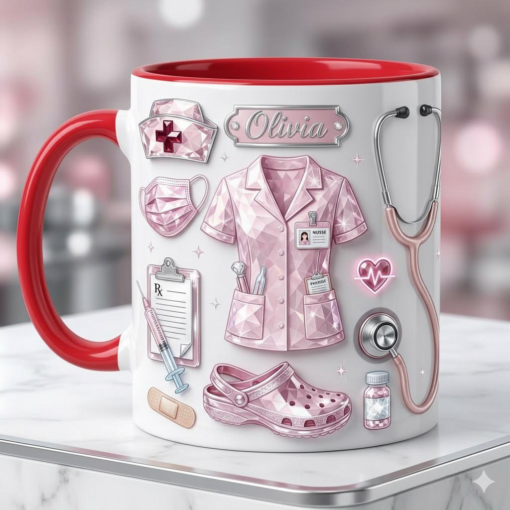 Personalized Nurse Life Faux 3D Effect Mug, Crystal Style Medical Icons, Gift For Nurses - image 4