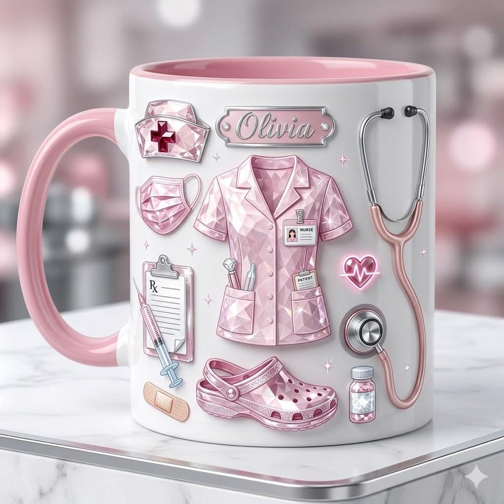 Personalized Nurse Life Faux 3D Effect Mug, Crystal Style Medical Icons, Gift For Nurses