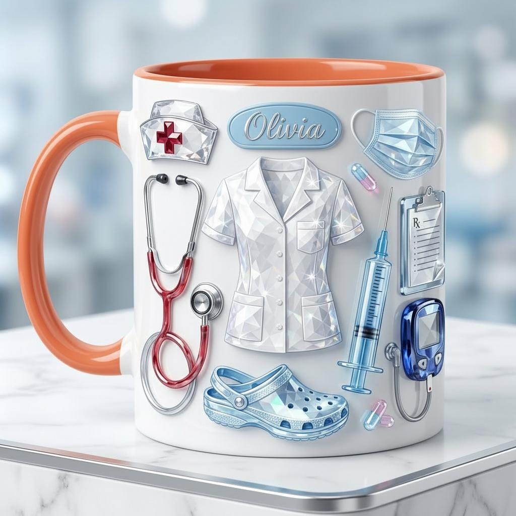 Personalized Nurse Mug Faux 3D Effect, Crystal Style Medical Icons, Gift For Nurses - image 2
