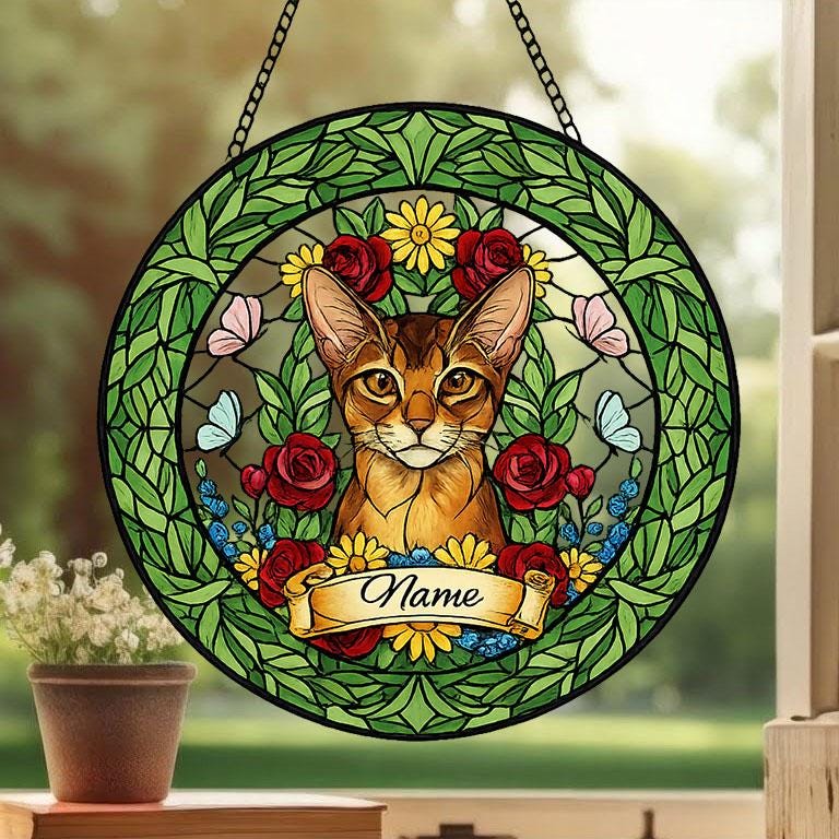 Custom Abyssinian Cat Portrait Stained Glass Suncatcher, Custom  Pet Memorial Stained Glass Suncatcher, Cat Memorial Gift,  Pet Loss Gift - image 3