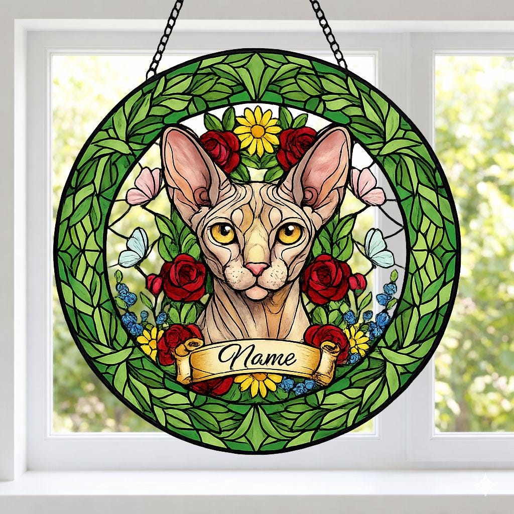 Custom Sphynx Cat Portrait Stained Glass Suncatcher, Custom  Pet Memorial Stained Glass Suncatcher, Cat Memorial Gift, Pet Loss Gift