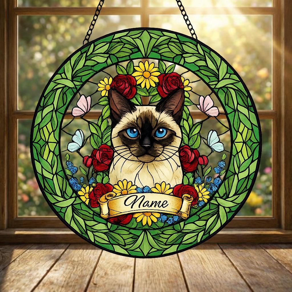 Custom Siamese Cat Portrait Stained Glass Suncatcher, Custom  Pet Memorial Stained Glass Suncatcher, Cat Memorial Gift, Pet Loss Gift - image 5