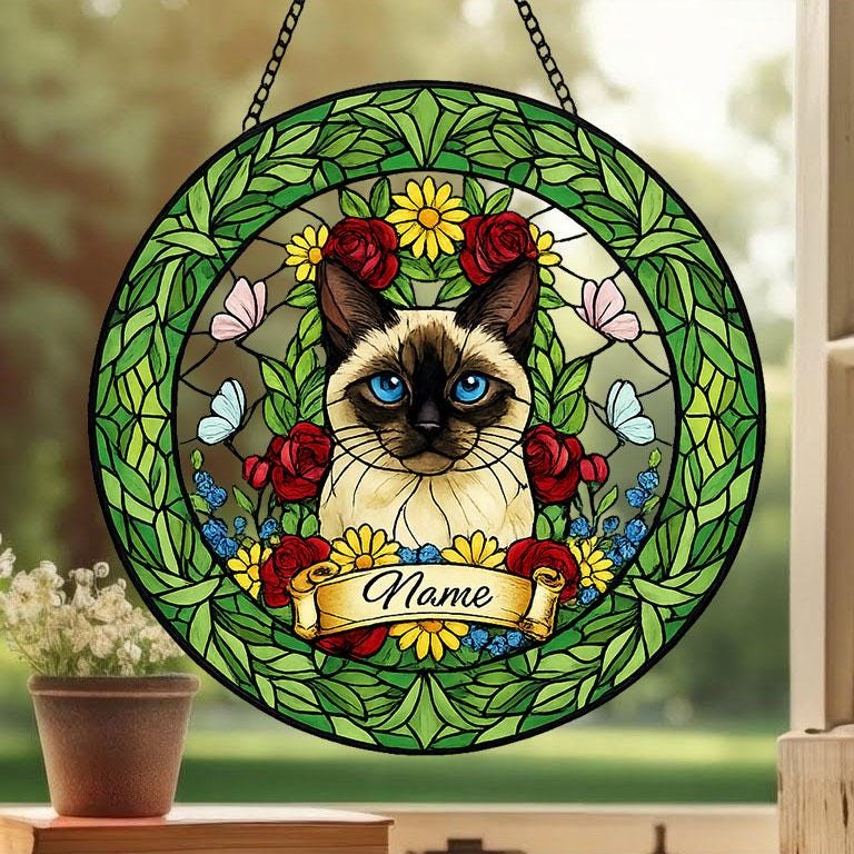 Custom Siamese Cat Portrait Stained Glass Suncatcher, Custom  Pet Memorial Stained Glass Suncatcher, Cat Memorial Gift, Pet Loss Gift - image 4