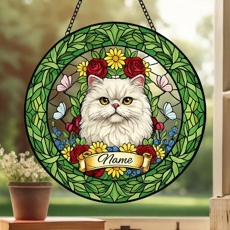 Custom Persian Cat Portrait Stained Glass Suncatcher, Custom  Pet Memorial Stained Glass Suncatcher, Cat Memorial Gift,  Pet Loss Gift - image 2