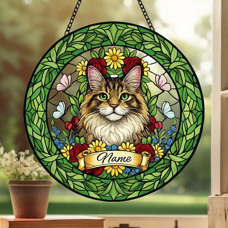 Custom Maine Coon Cat Portrait Stained Glass Suncatcher, Custom  Pet Memorial Stained Glass Suncatcher, Cat Memorial Gift, Pet Loss Gift - image 2