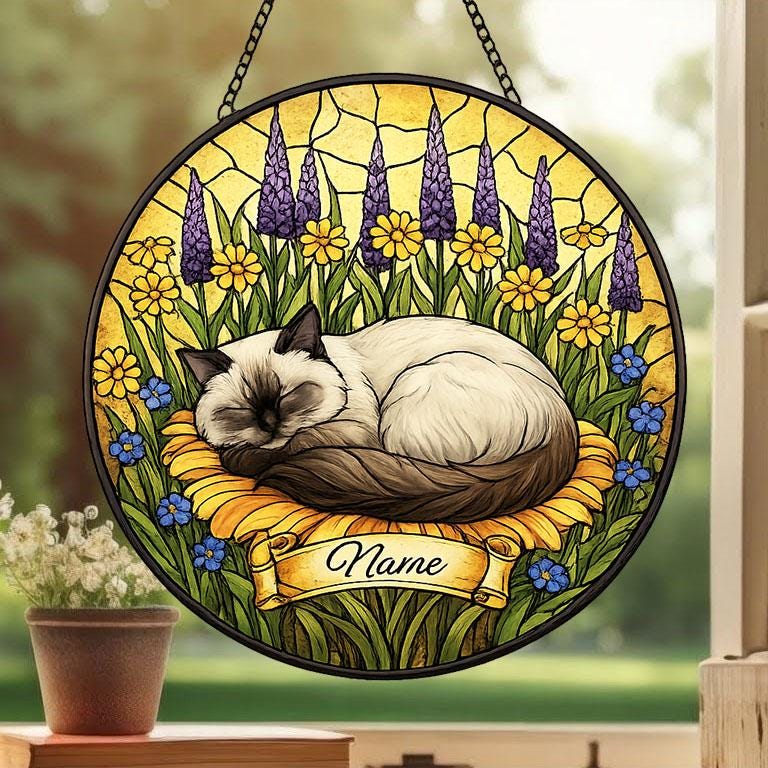 Custom Himalayan cat  Stained Glass Suncatcher, Sleeping Cat Window Decor, Cat Lover Gift, Floral Glass Art Panel, Pet Memorial Gift - image 2