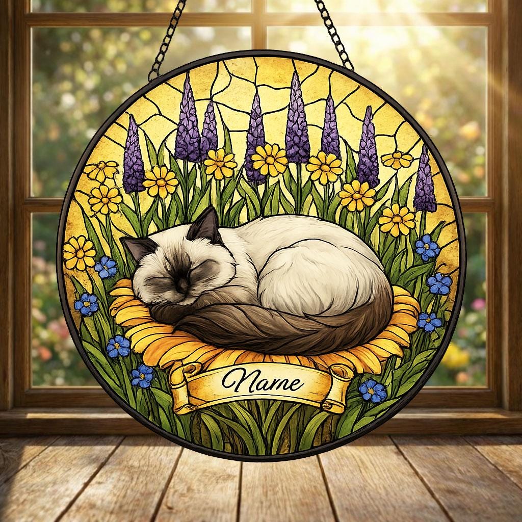 Custom Himalayan cat  Stained Glass Suncatcher, Sleeping Cat Window Decor, Cat Lover Gift, Floral Glass Art Panel, Pet Memorial Gift - image 4