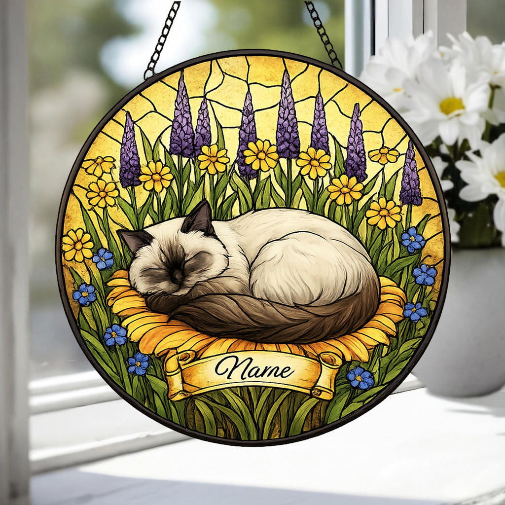 Custom Himalayan cat  Stained Glass Suncatcher, Sleeping Cat Window Decor, Cat Lover Gift, Floral Glass Art Panel, Pet Memorial Gift - image 3