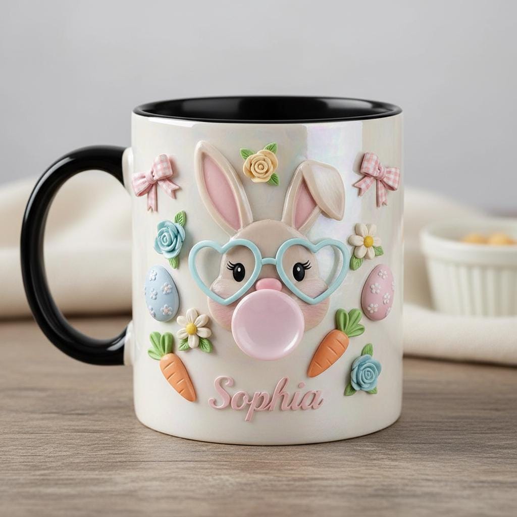 Personalized Bunny Easter Mug, Custom Name Easter Eggs Coffee Mugs, Cute Rabbit Easter Day Cup
