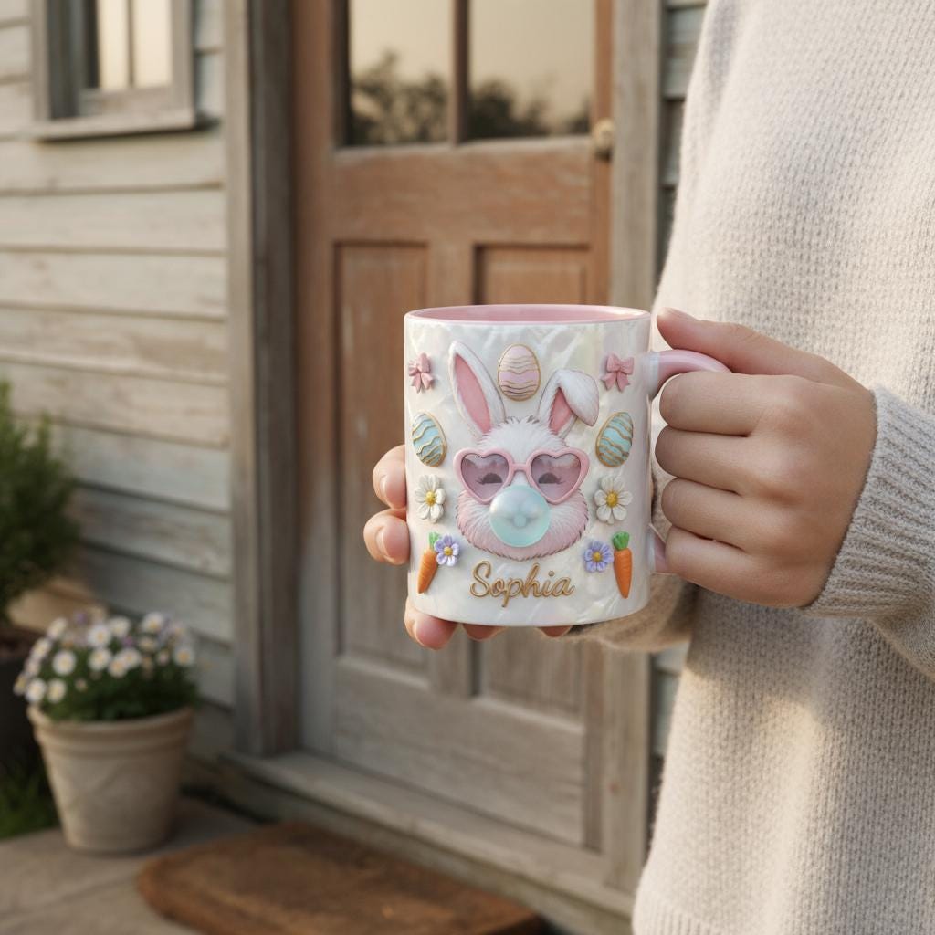 Personalized Easter Bunny Mug, Custom Name Easter Eggs Coffee Mugs, Cute Rabbit Easter Day Cup - image 3