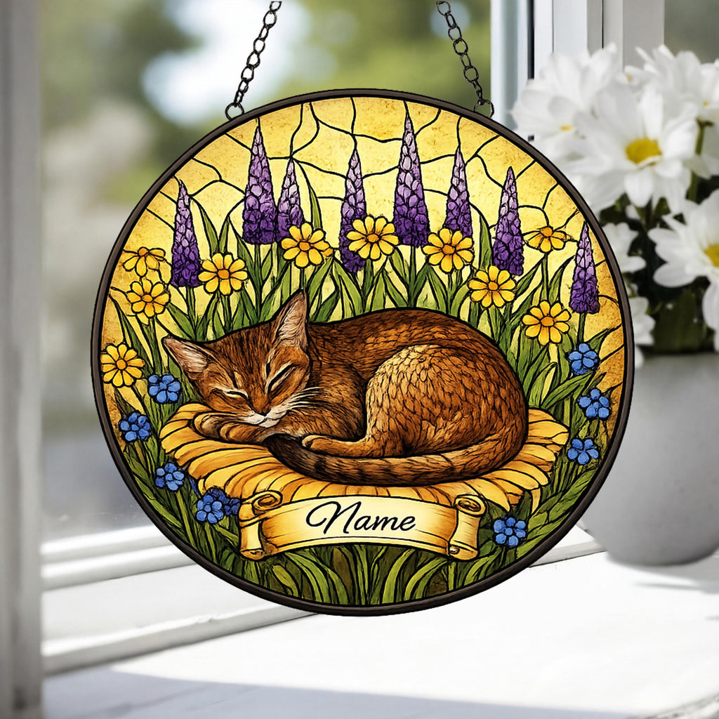 Custom Abyssinian cat  Stained Glass Suncatcher, Sleeping Cat Window Decor, Cat Lover Gift, Floral Glass Art Panel, Pet Memorial Gift - image 3