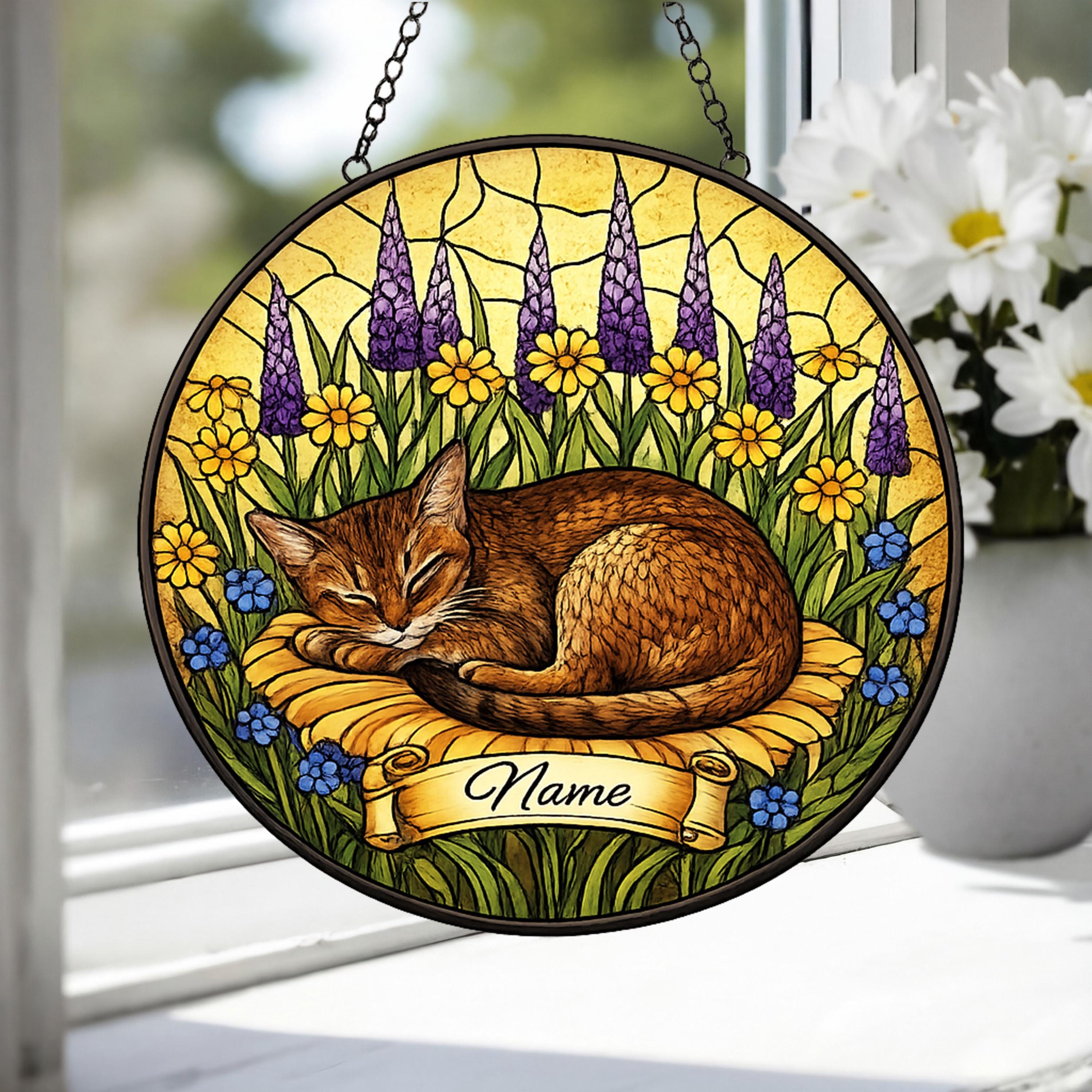 Custom Abyssinian cat  Stained Glass Suncatcher, Sleeping Cat Window Decor, Cat Lover Gift, Floral Glass Art Panel, Pet Memorial Gift - image 3