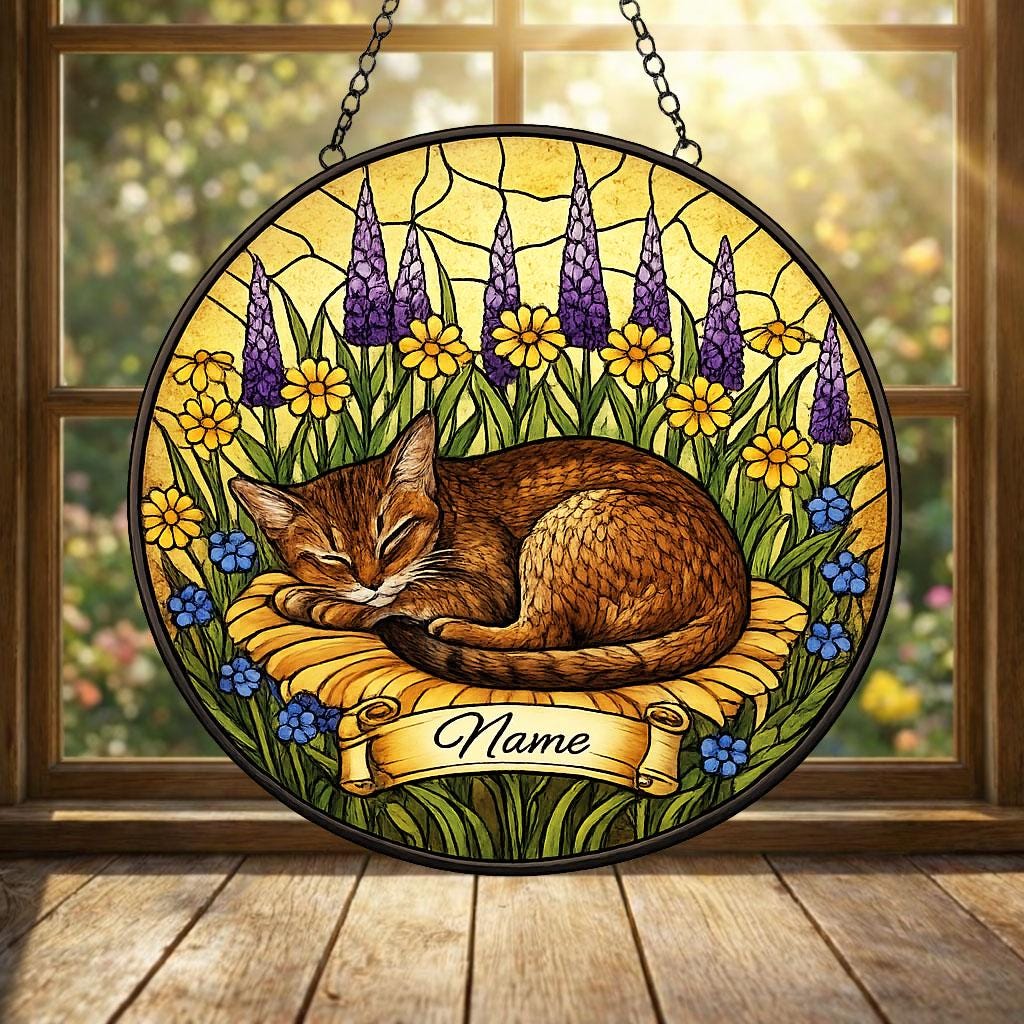 Custom Abyssinian cat  Stained Glass Suncatcher, Sleeping Cat Window Decor, Cat Lover Gift, Floral Glass Art Panel, Pet Memorial Gift - image 4