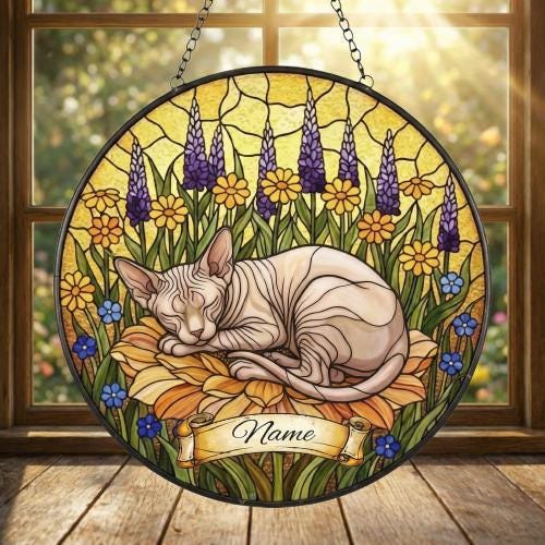 Custom Sphynx cat Stained Glass Suncatcher, Sleeping Cat Window Decor, Cat Lover Gift, Floral Glass Art Panel, Handmade Pet Memorial Gift - image 3