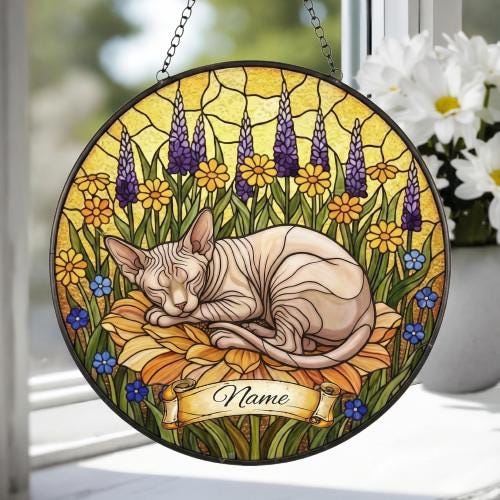Custom Sphynx cat Stained Glass Suncatcher, Sleeping Cat Window Decor, Cat Lover Gift, Floral Glass Art Panel, Handmade Pet Memorial Gift - image 4