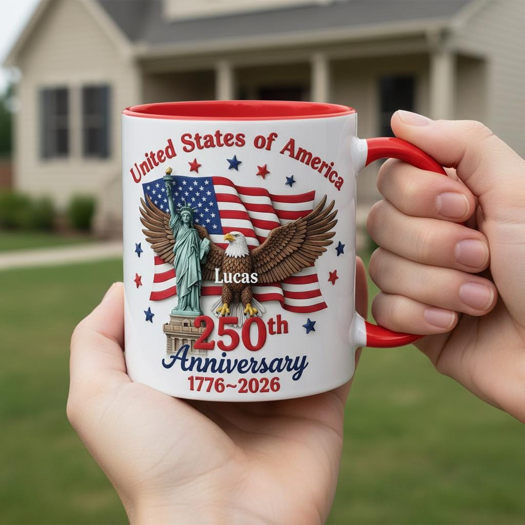 Personalized 250th America Anniversary Mug, Custom Independence Day Coffee Mugs, Patriotic Eagle 4th Of July Gift