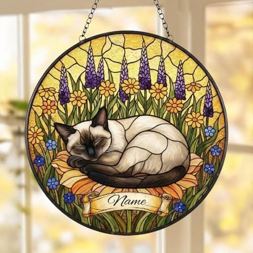 Custom Siamese cat Stained Glass Suncatcher, Sleeping Cat Window Decor, Cat Lover Gift, Floral Glass Art Panel, Handmade Pet Memorial Gift - image 4