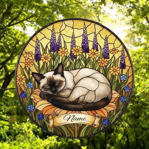 Custom Siamese cat Stained Glass Suncatcher, Sleeping Cat Window Decor, Cat Lover Gift, Floral Glass Art Panel, Handmade Pet Memorial Gift - image 5