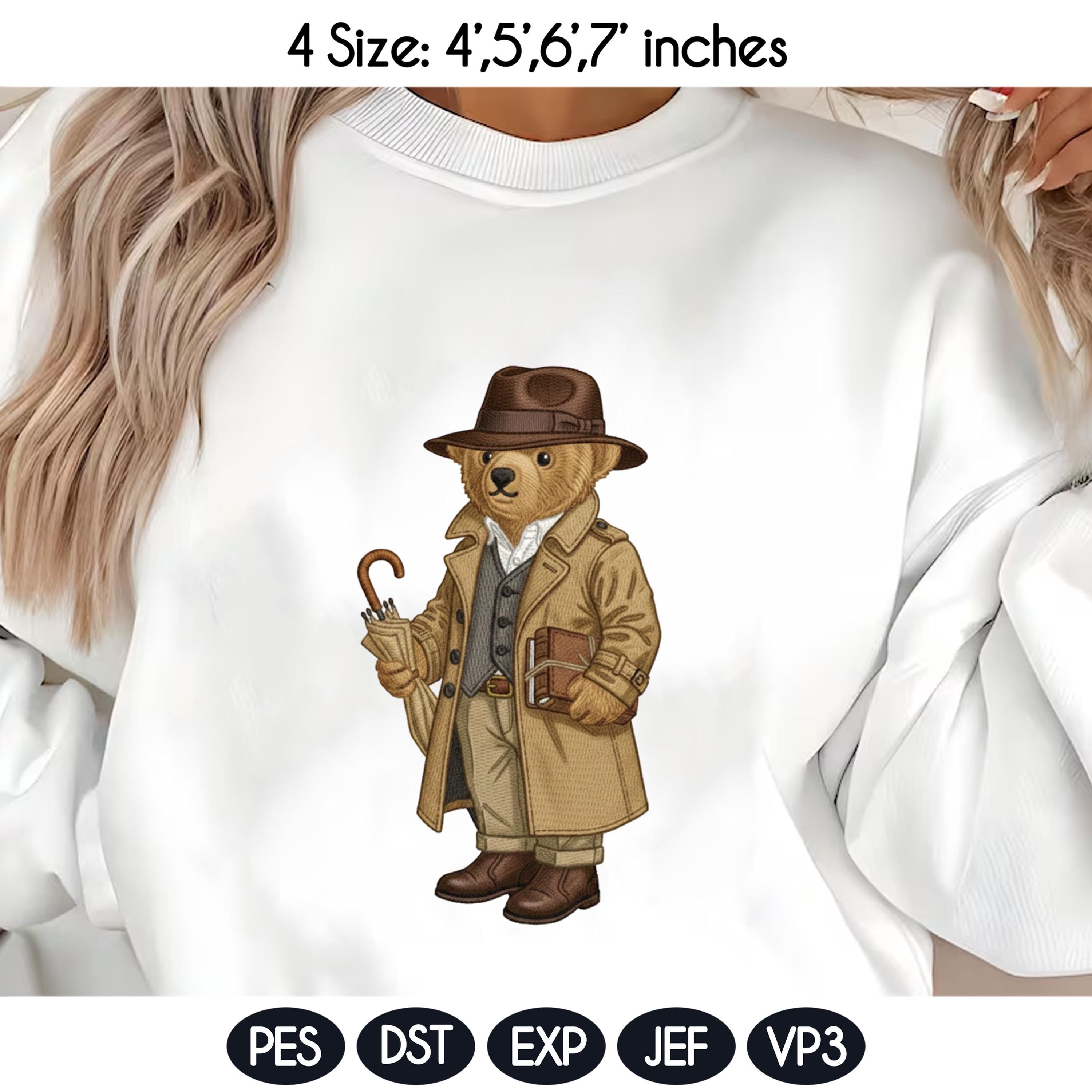 Vintage Teddy Bear Embroidery Design, Gentleman Bear, Cute Bear with Hat and Coat, Storybook Animal Embroidery, 4 sizes, Digital Download - image 3