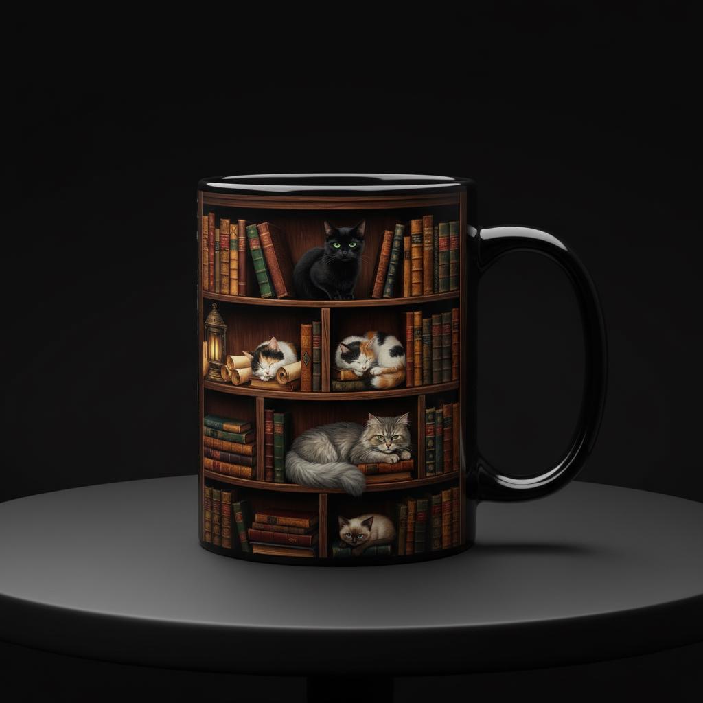Book Cat Lover Mug, Bookshelf with Sleeping Cat Coffee Cup, Gift for Reading Lover - image 2