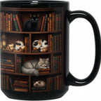 Book Cat Lover Mug, Bookshelf with Sleeping Cat Coffee Cup, Gift for Reading Lover