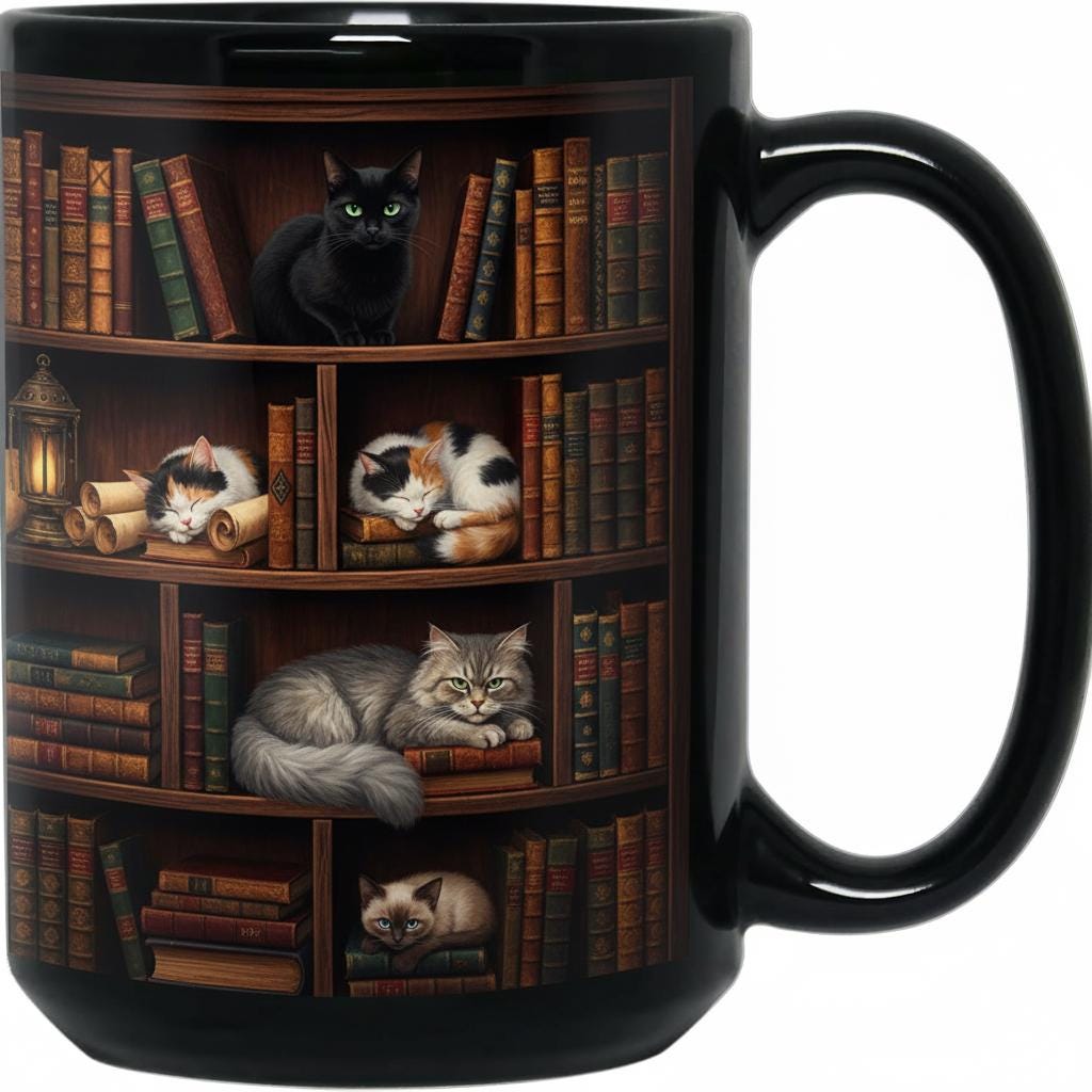 Book Cat Lover Mug, Bookshelf with Sleeping Cat Coffee Cup, Gift for Reading Lover
