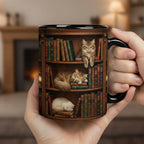 Book Cat Lover Mug, Bookshelf with Sleeping Cat Coffee Cup, Gift for Reading Lover - image 3