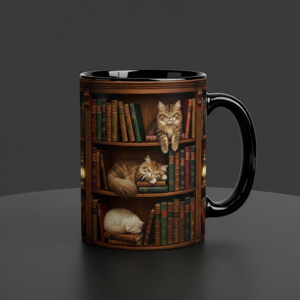 Book Cat Lover Mug, Bookshelf with Sleeping Cat Coffee Cup, Gift for Reading Lover - image 2