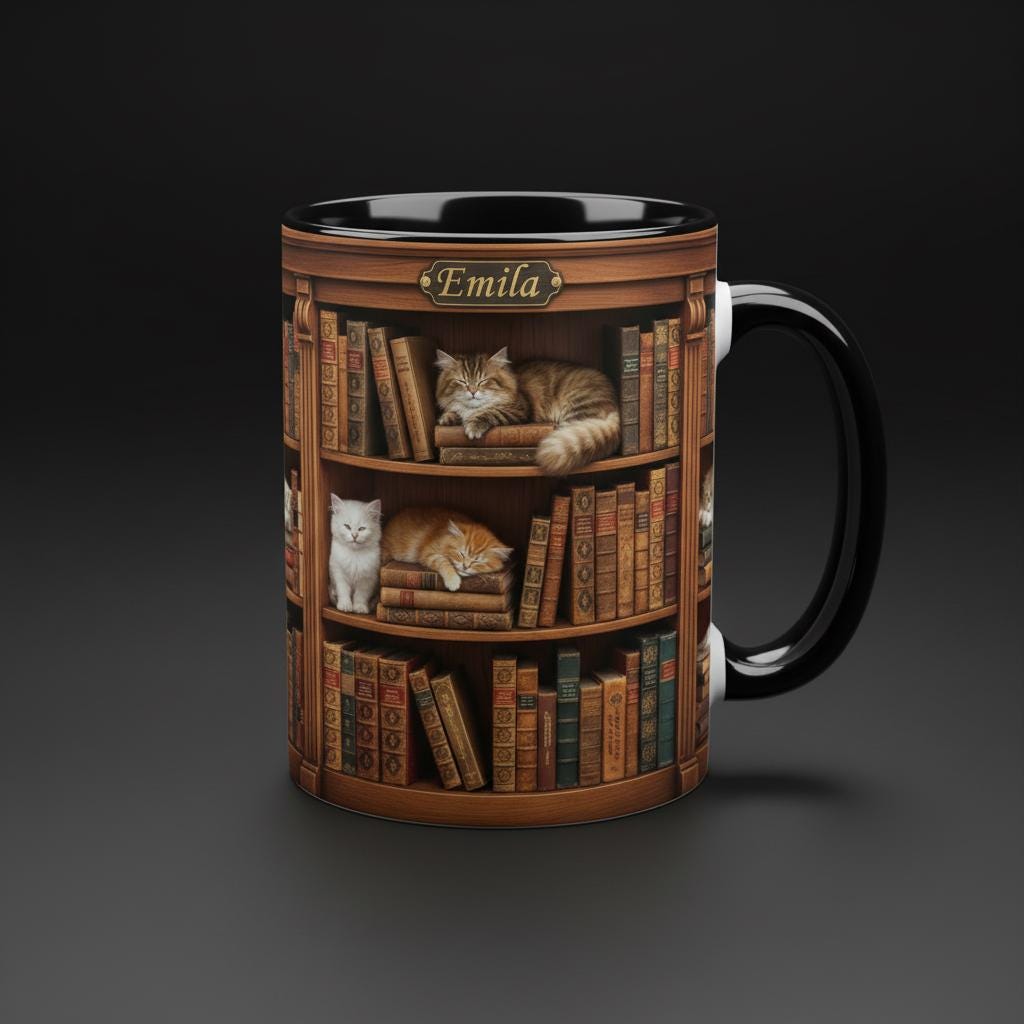 Personalized Book Cat Lover Mug, Custom Bookshelf with Sleeping Cat Coffee Cup, Gift for Reading Lover - image 2